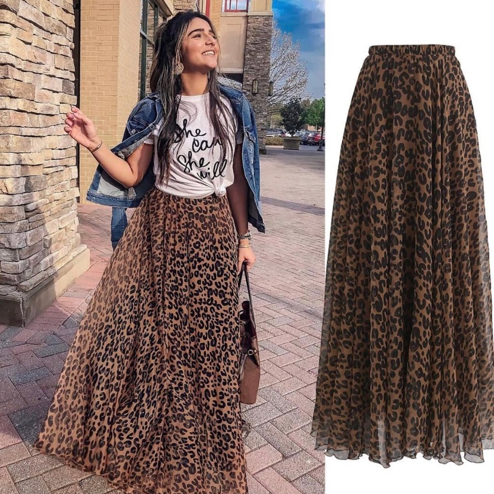 Chicwish Watercolor Leopard Print Long Skirt XL